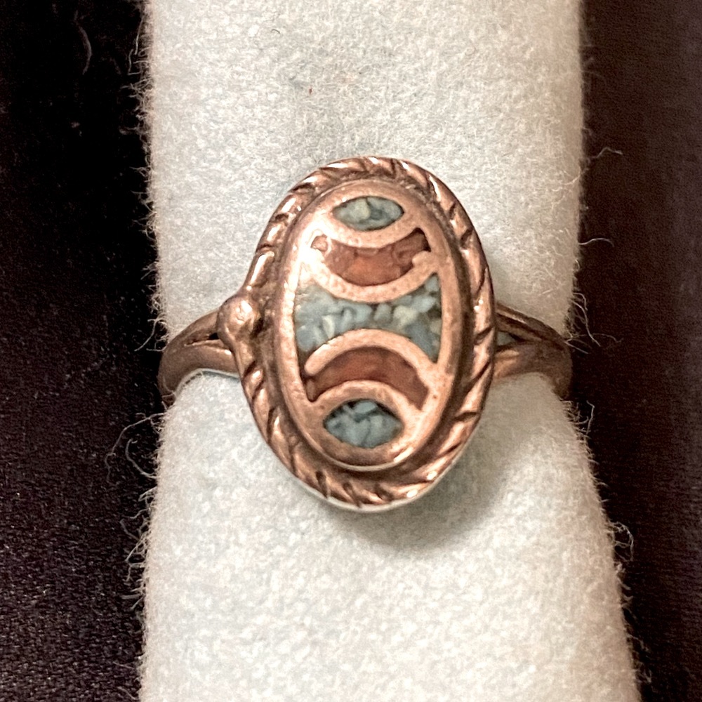Sterling silver turquoise, and coral, inlay oval ring